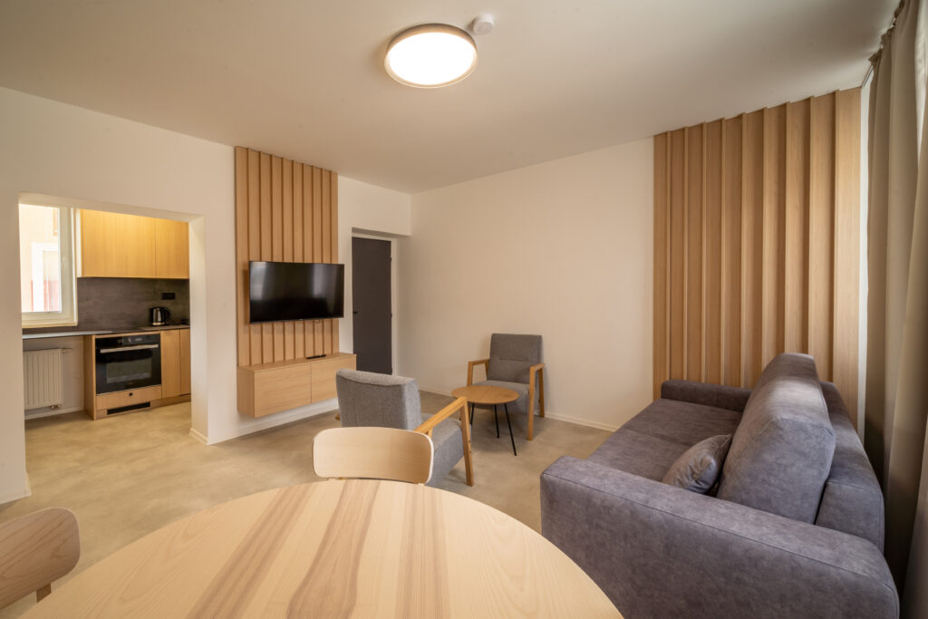 Obývacia časť apartmánu so sedačkou a kuchynkou
